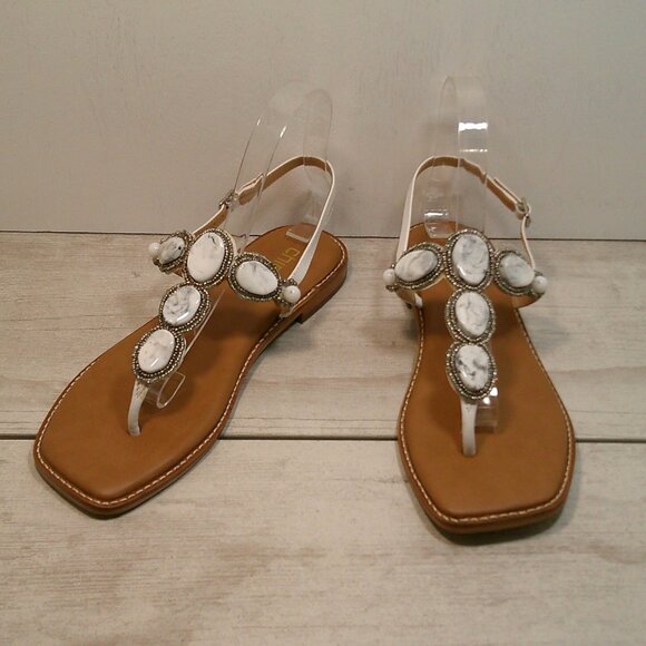 Chico's Shoes - Chico's T-Strap White with Gray Beaded T-Strap Boho Sandals Size 8M